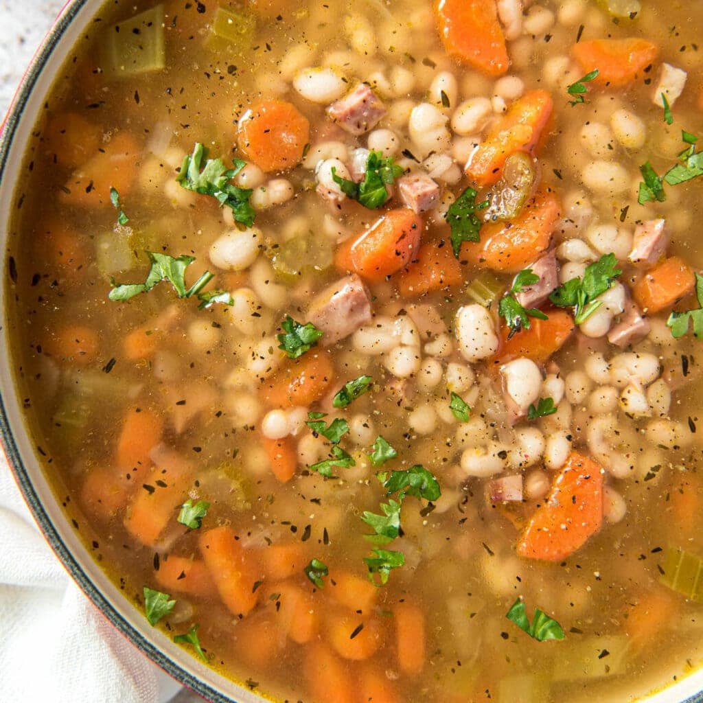 A bowl of Navy Bean and Ham Soup