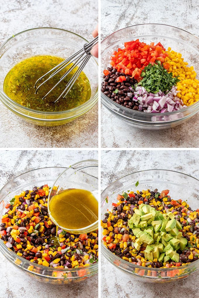 a collage of 4 images showing how to make lime dressing and black bean corn salad