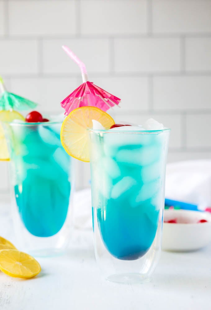 two glasses of blue lagoon cocktail