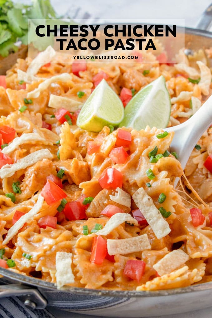 Cheesy Chicken Taco One Pot Pasta | YellowBlissRoad.com