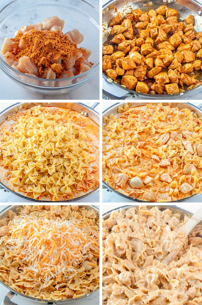 a collage of images showing how to make one pot taco pasta.