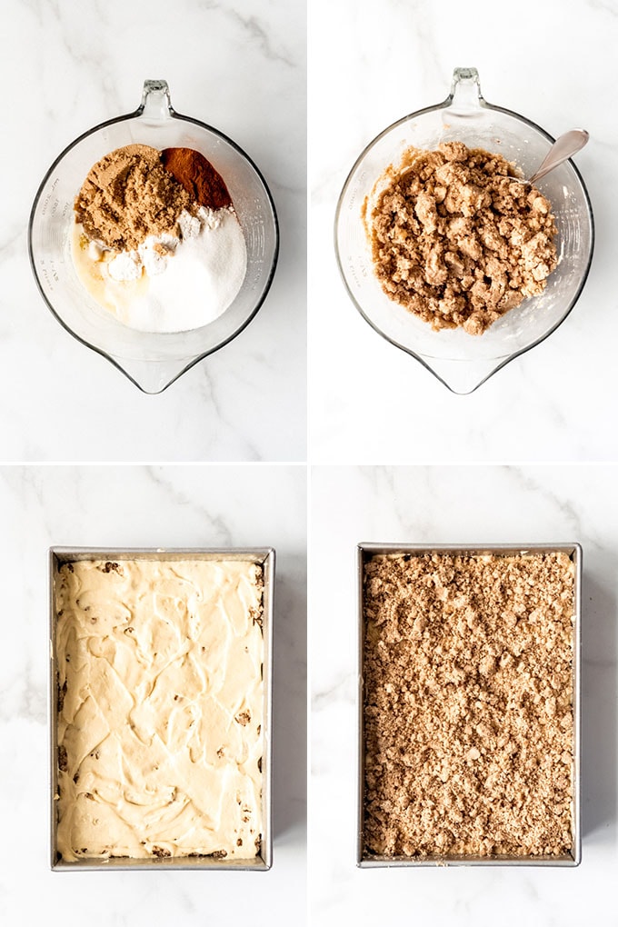 A collage of images showing how to make cinnamon-streusel coffee cake.