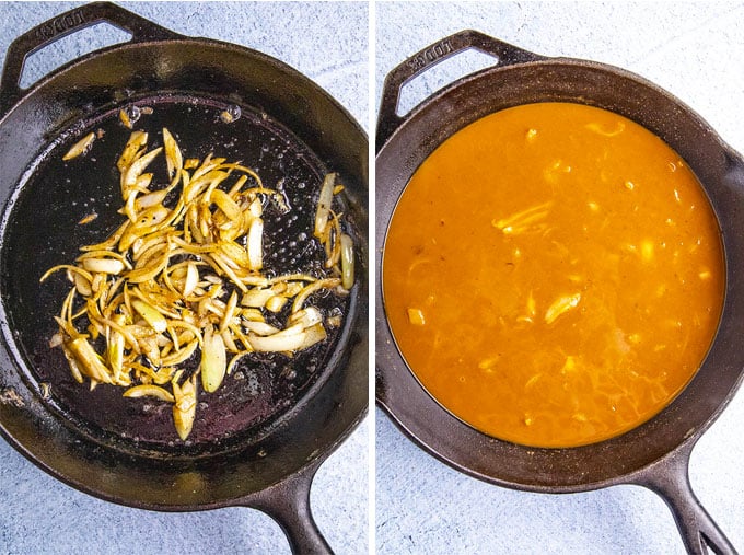 a collage of 2 images showing how to make ancho gravy