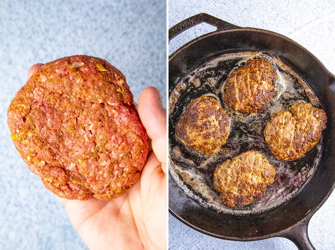 Collage of 2 images showing how to form the Salisbury steak patties by hand and sauteeing them in a cast iron skillet.