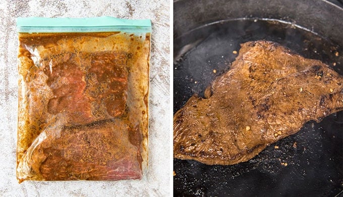 un collage de deux images semant le steak dans un sac avec la marinade et la cuisson dans une poêle