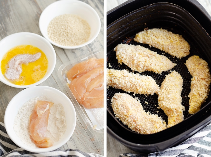 A collage of two photos showing the bowls for dipping and coating chicken tenders, and then putting in an air fryer basket