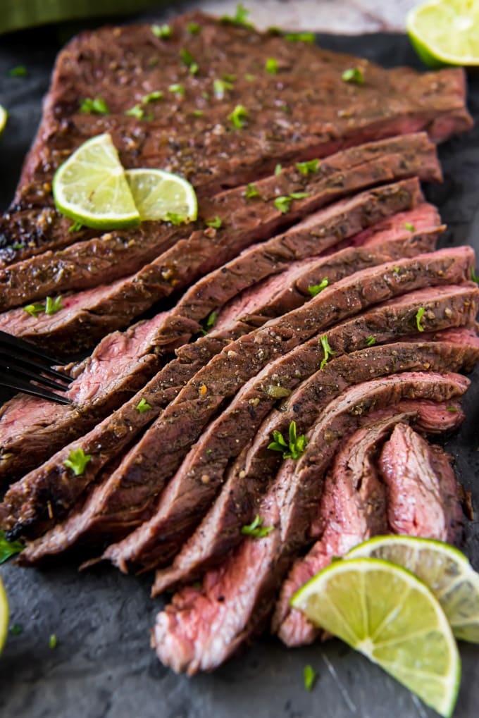 a tender marinated carne asada steak, sliced into strips