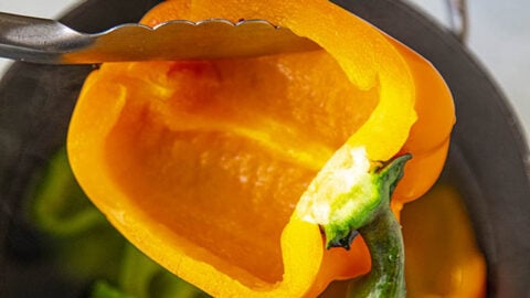 Softening the bell peppers in boiling water