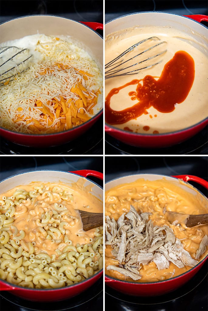 how to make buffalo chicken mac and cheese collage of 4 images