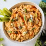 A bowl of buffalo chicken mac and cheese.