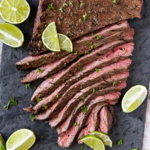 Close up of sliced Carne Asada steak