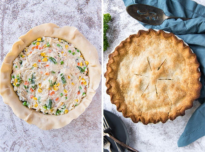 Picture of Chicken Pot Pie - before, and after baking.