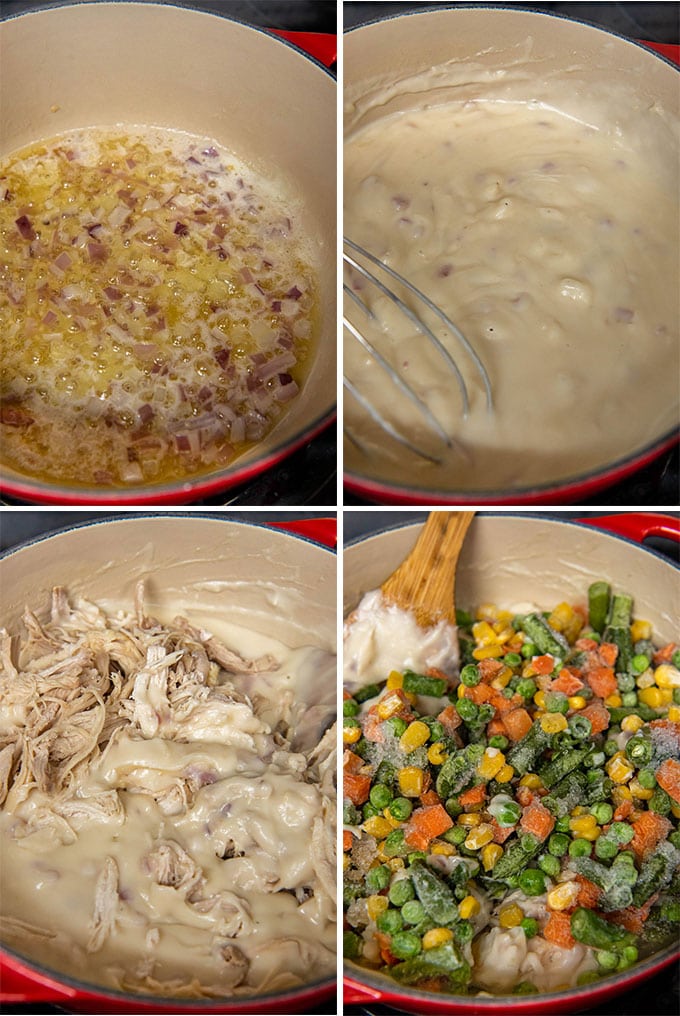 a collage of 4 images showing how to make chicken pot pie filling from scratch