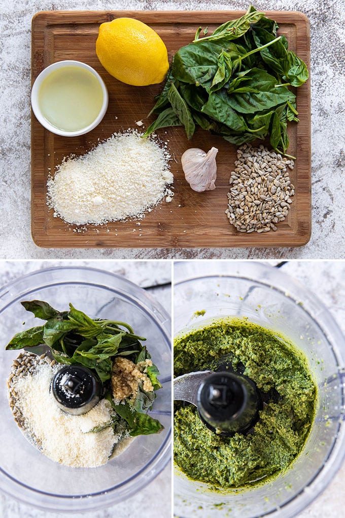 a collage of three photos showing the steps for making nut free pesto