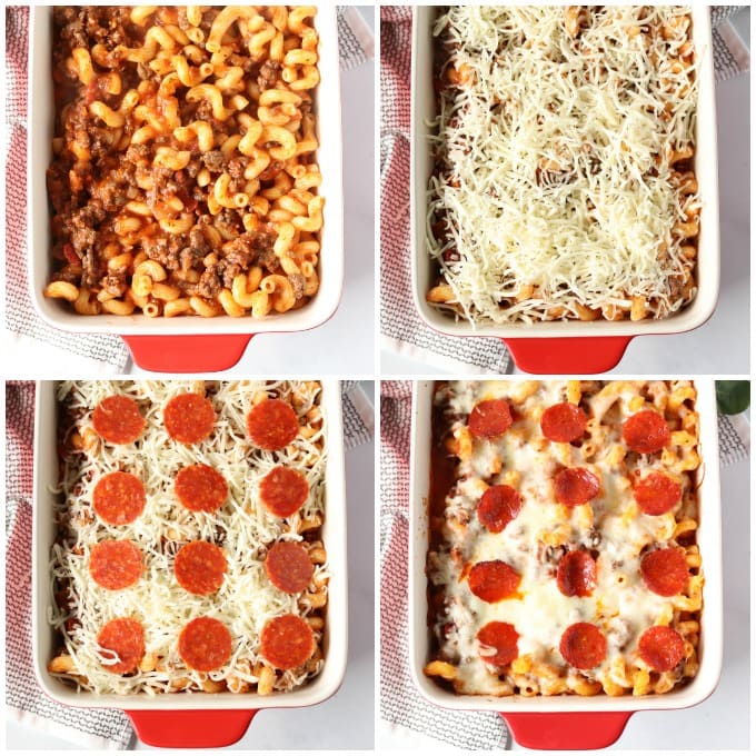 collage of steps to make pizza casserole