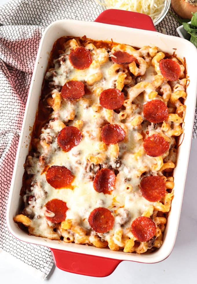 overhead shot of pizza casserole with pepperoni