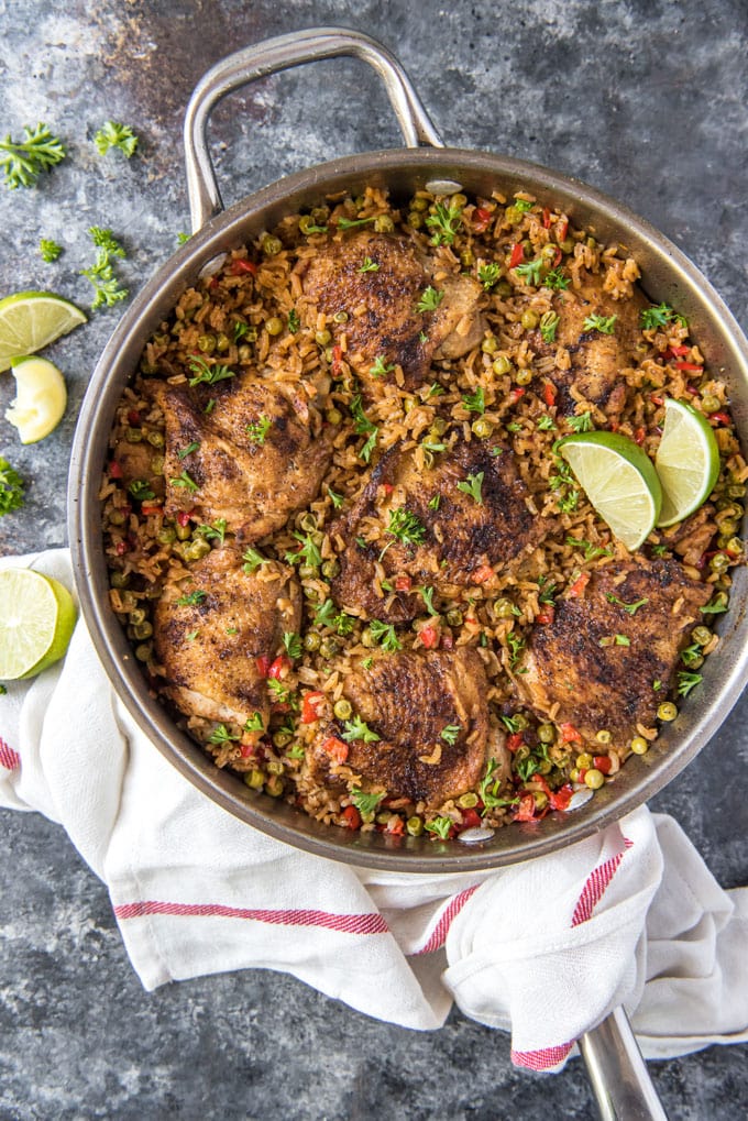 a skillet with finished arroz con pollo.