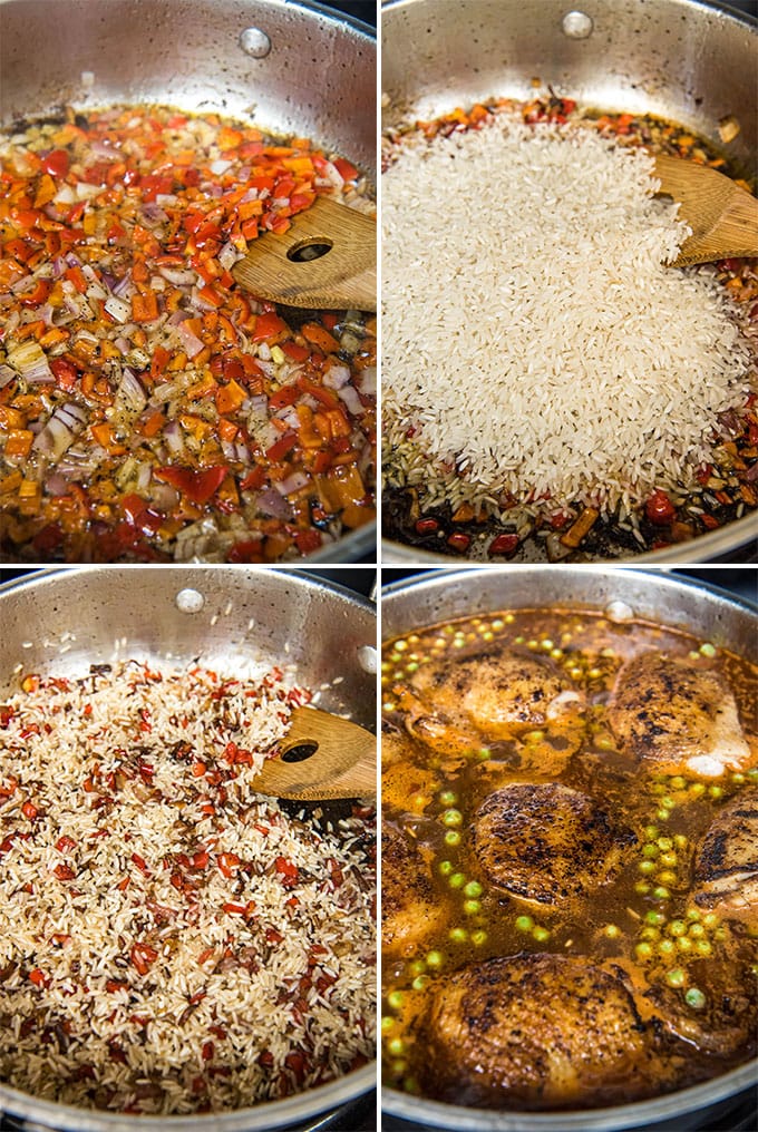 a collage of 4 images showing rice, vegetables and chicken cooking to make arroz con pollo.