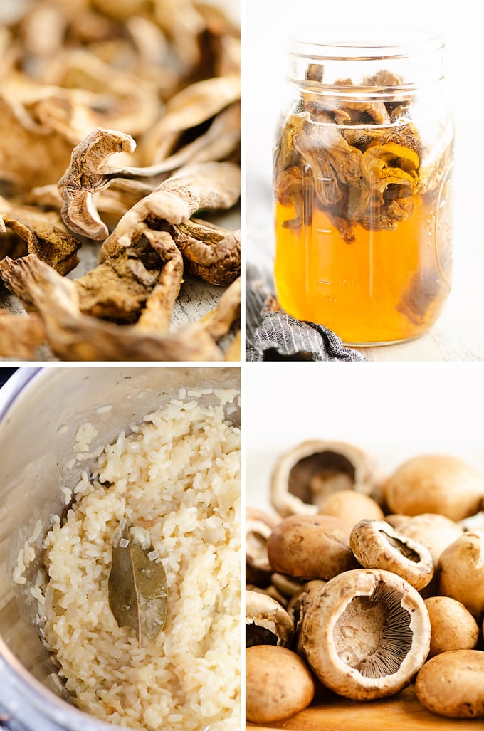 4 images shoeing the steps for rehydrating porcini mushrooms