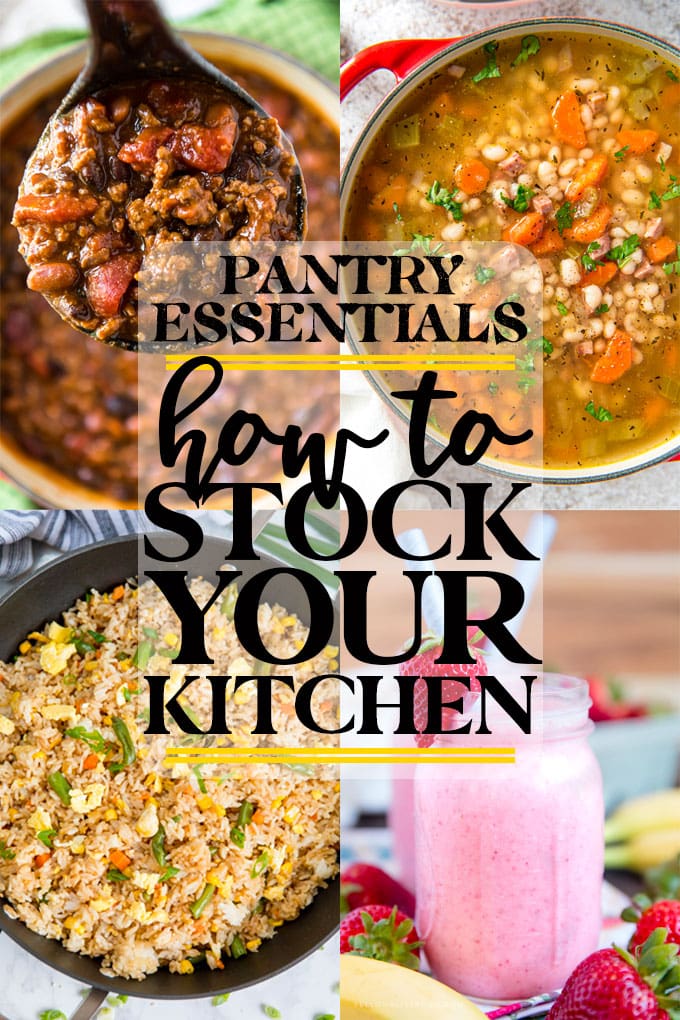 4 images showing recipes made with pantry essentials and text explaining what it is.