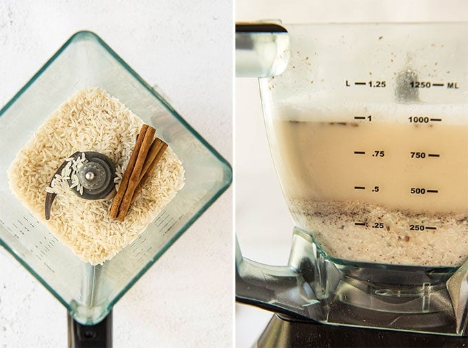 a collage of two images of rice and cinnamon in a blender.