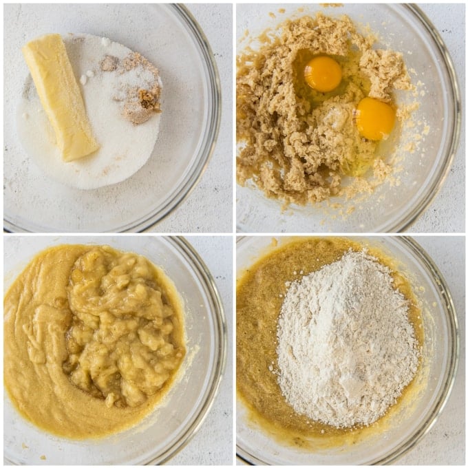 pasos para hacer pan de plátano y nueces en un bol