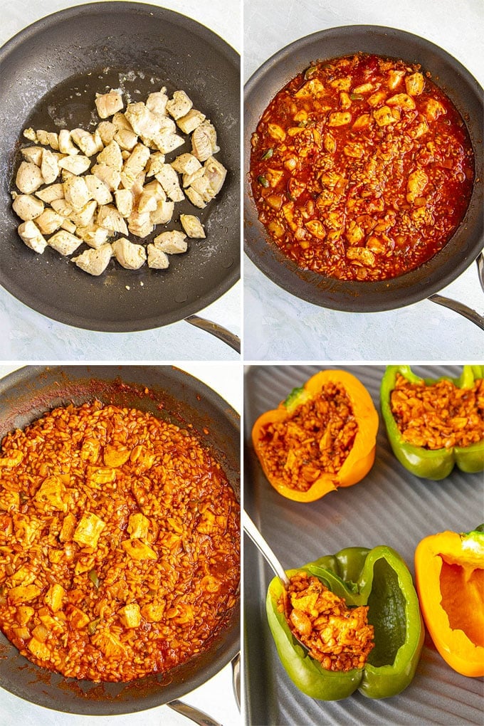 a collage of 4 images showing how to make the filling for stuffed peppers