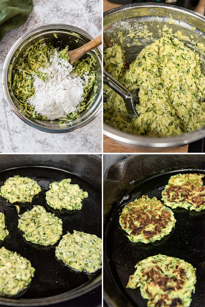 A collage of 4 images showing how to make zucchini fritters