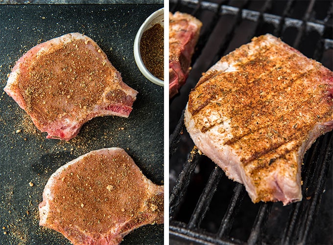 pork chops seasoned with cajun seasoning - one image shows the chops on a cutting board, the other on the grill.