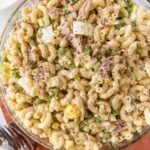 A dish is filled with Tuna Macaroni Salad