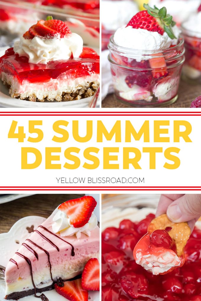 4 image collage of summer desserts in red and white colors