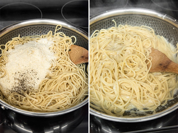 A pot filled with pasta and parmesan cheese.