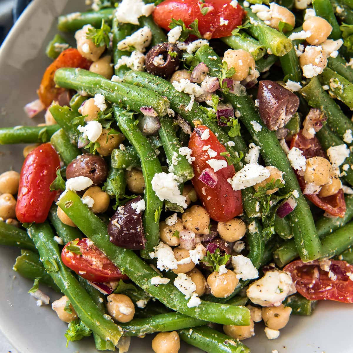 Green beans with feta, tomatoes, olives, and chickpeas