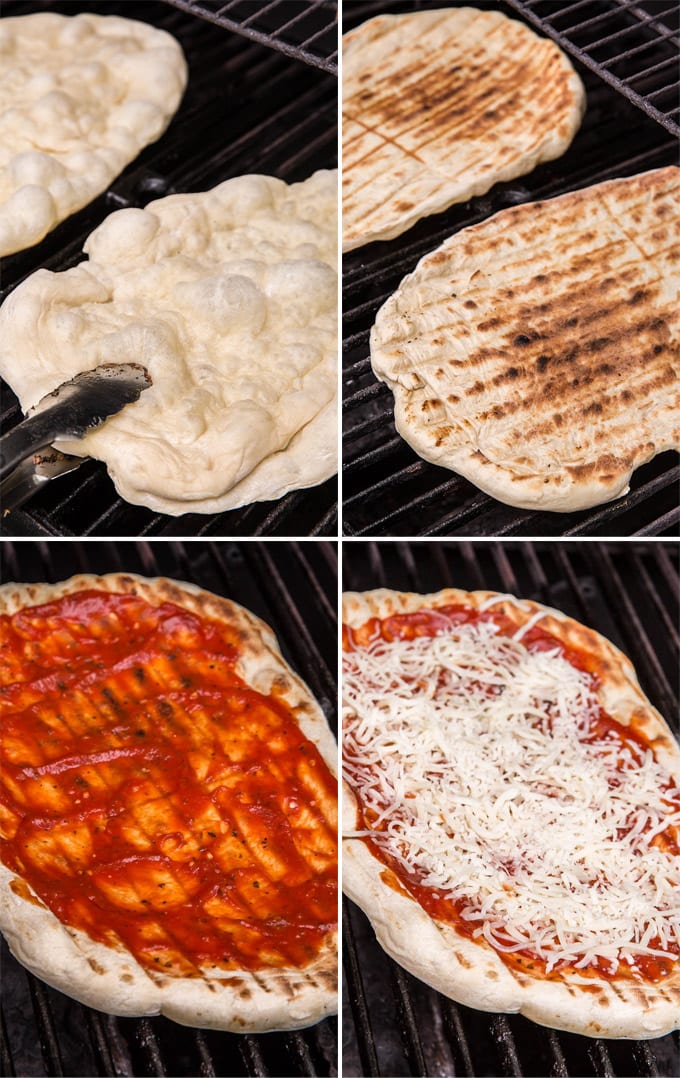 a collage of 4 images showing pizza dough on the grill, plain, then topped with pizza sauce and cheese.