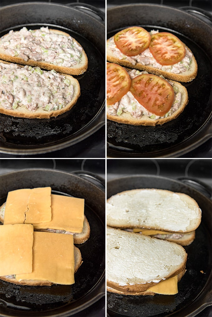 a collage of 4 images showing the steps for making a grilled tuna melt sandwich in a cast iron skillet