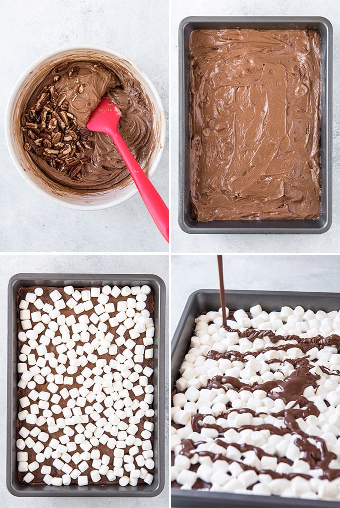 a collage of 4 images depicting the steps for making mississippi mud cake