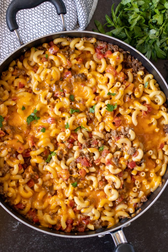 overhead shot of cheeseburger casserole in a skillet