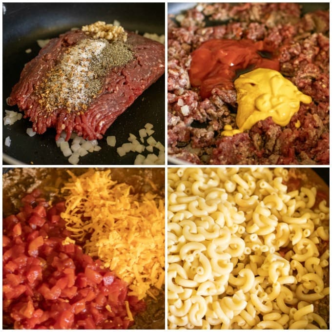 process shots of making cheeseburger casserole