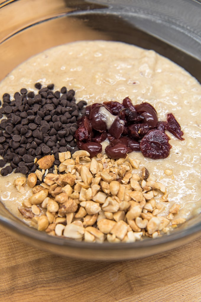 cake batter with chocolate chips, cherries and peanuts