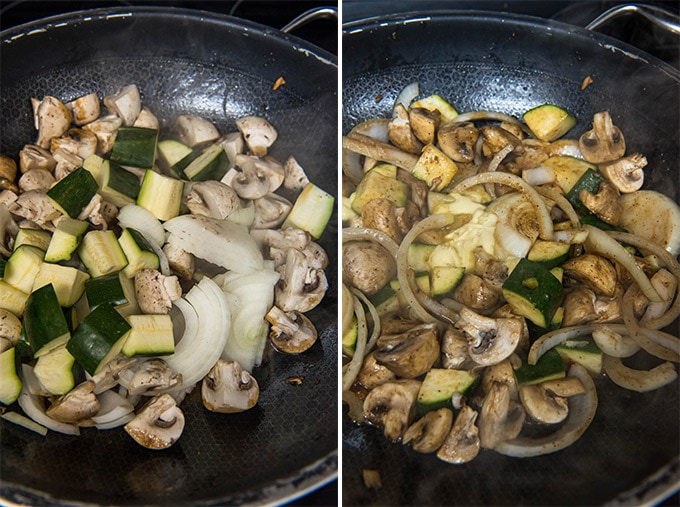 2 images of vegetables in a skillet