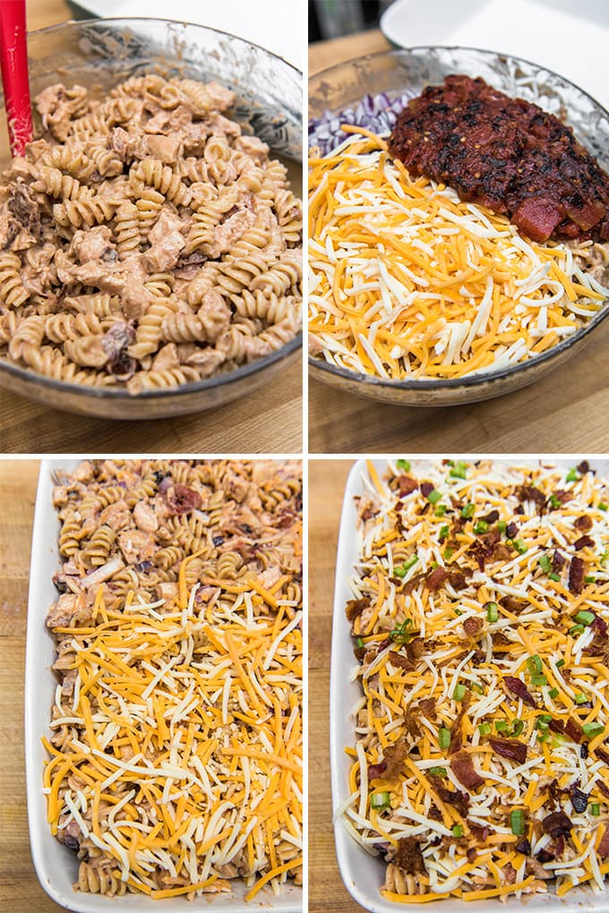 a collage of 4 images showing the steps for making bbq chicken casserole