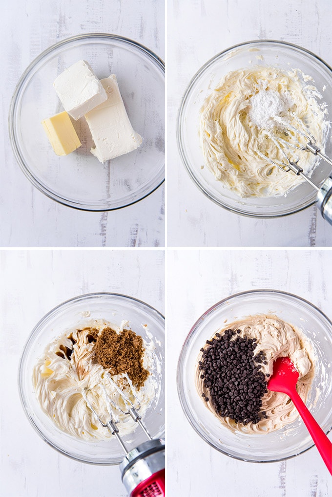 4 images in collage showing bowls with ingredients for cookie dough dip