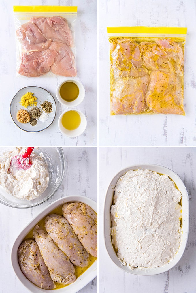 a collage of 4 images with steps for making creamy baked greek chicken