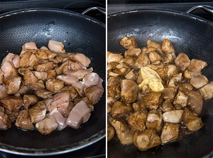 2 images both with chicken cooking in a skillet