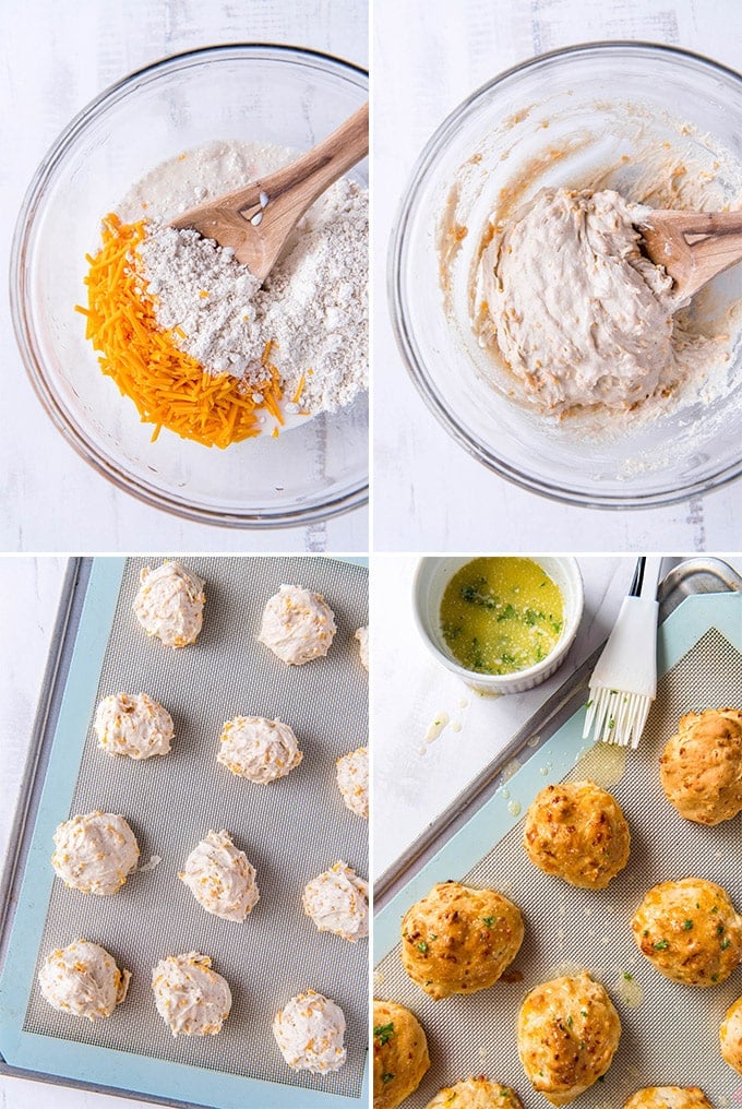 4 images in a collage showing the steps for making garlic cheese biscuits