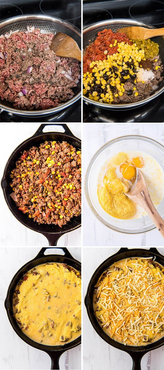 collage of 6 images showing the steps for making tamale pie