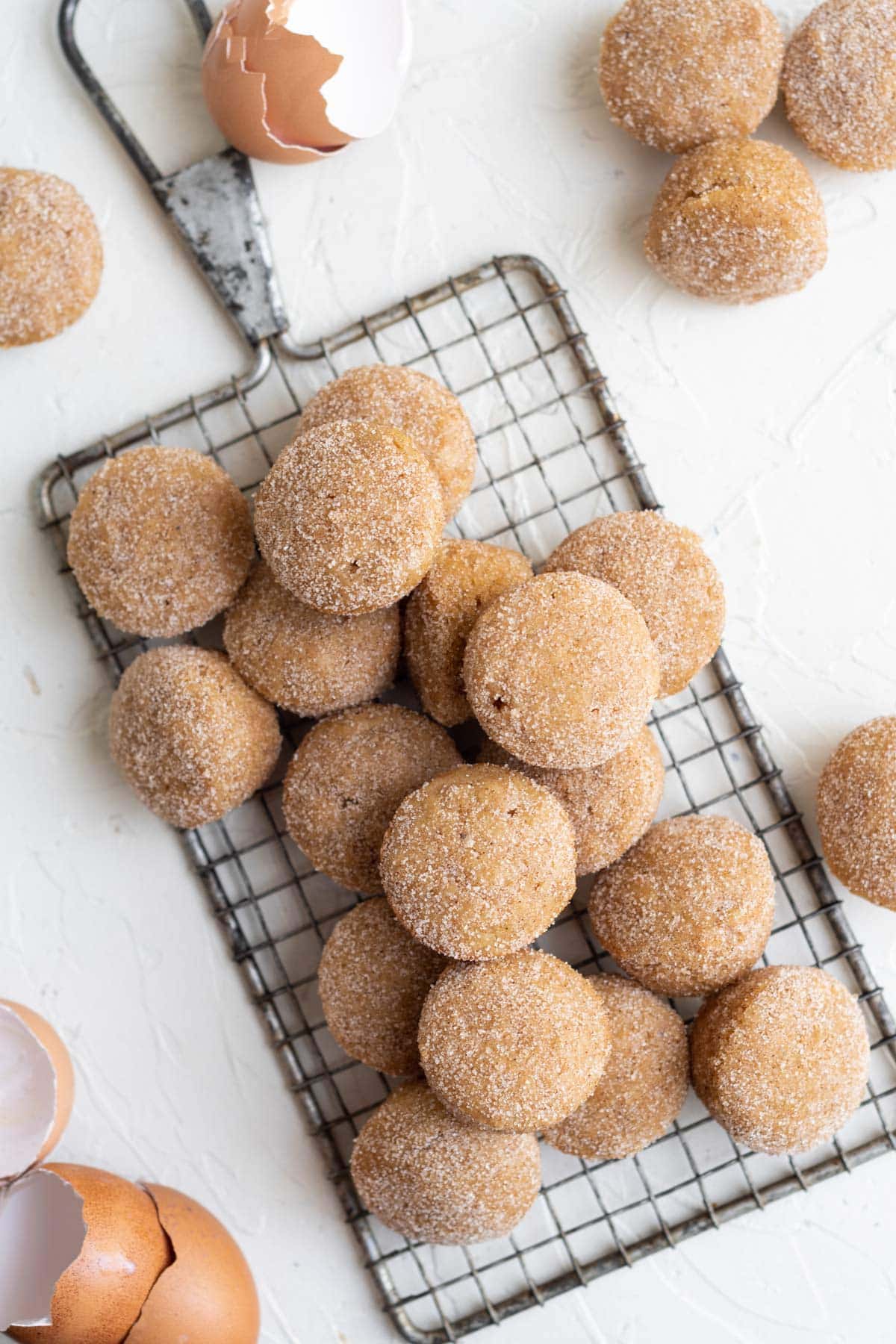 a small wire rack, donut holes with cinnamon sugar. A few brown eggs shells