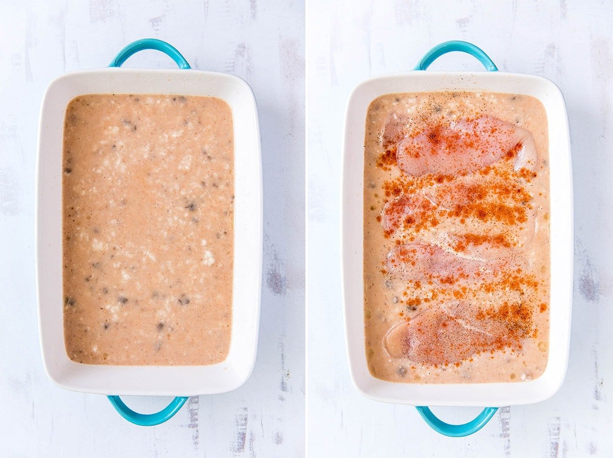 2 images side by side of a casserole dish with ingredients for chicken and rice bake