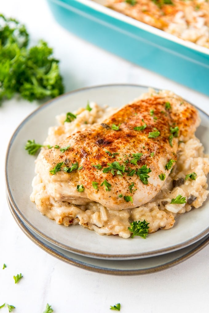 a stack of 2 plates topped with creamy rice and chicken breast with parsley, a blue casserole dish, parsley sprig.