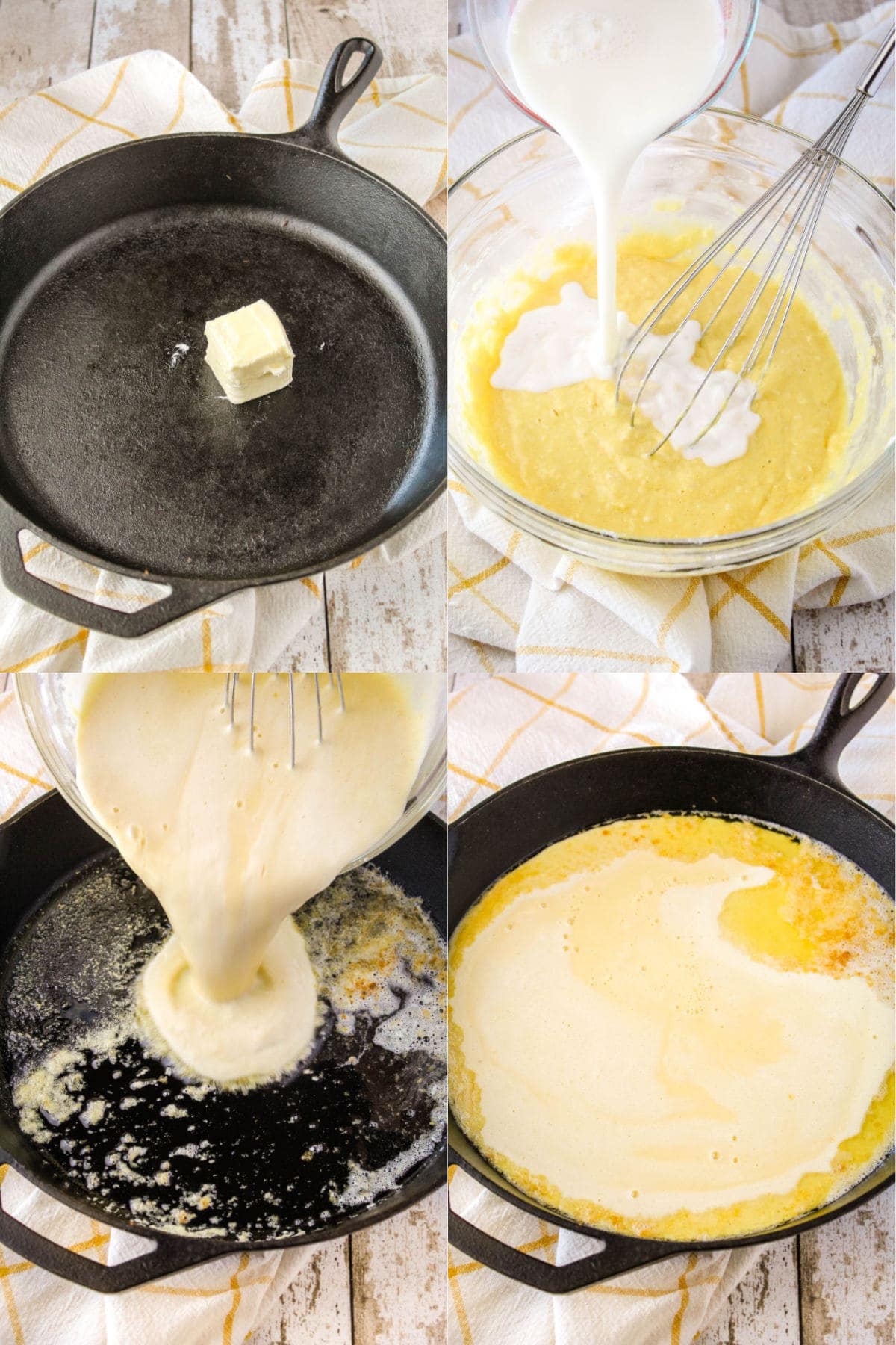 piece of butter in a cast iron skillet, milk being poured into pancake batter in a bowl with a whisk, pancake batter being poured into a skillet with melted butter, batter and melted butter in hot skillet